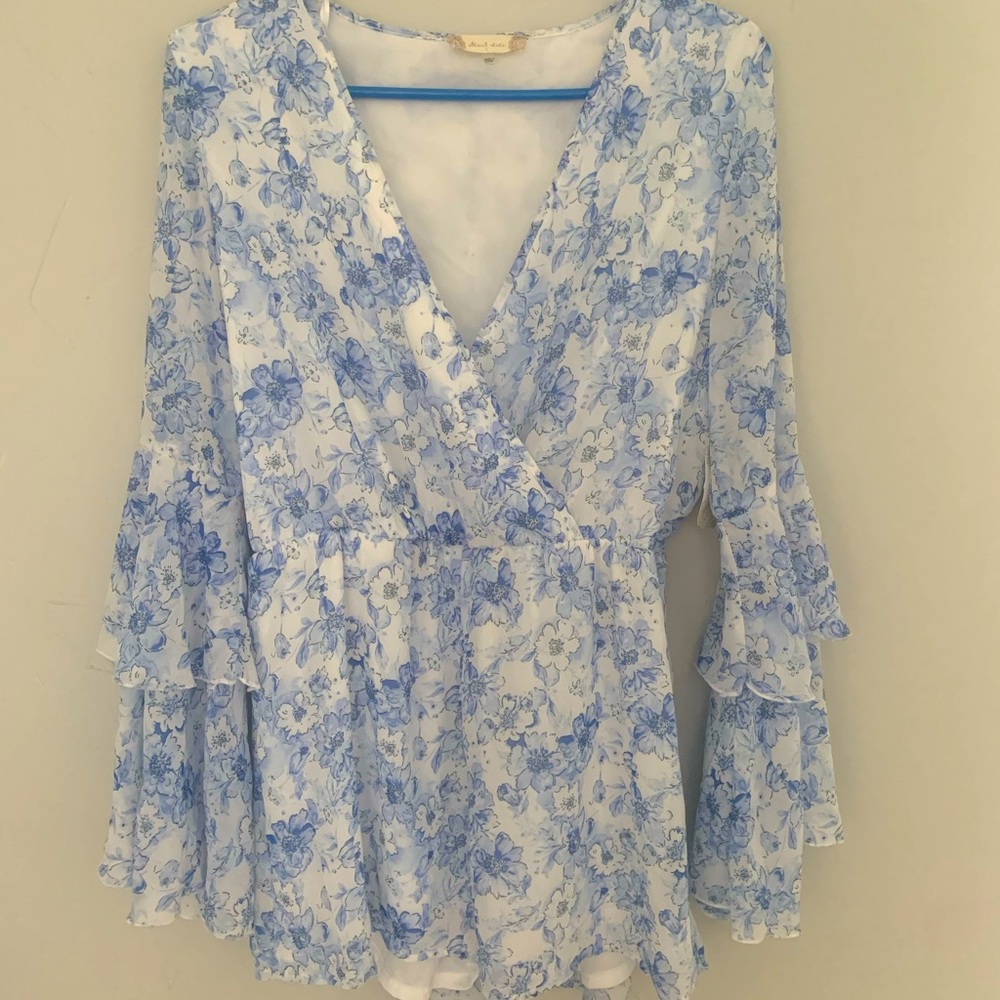 Altar’d State long sleeve blue and white romper.